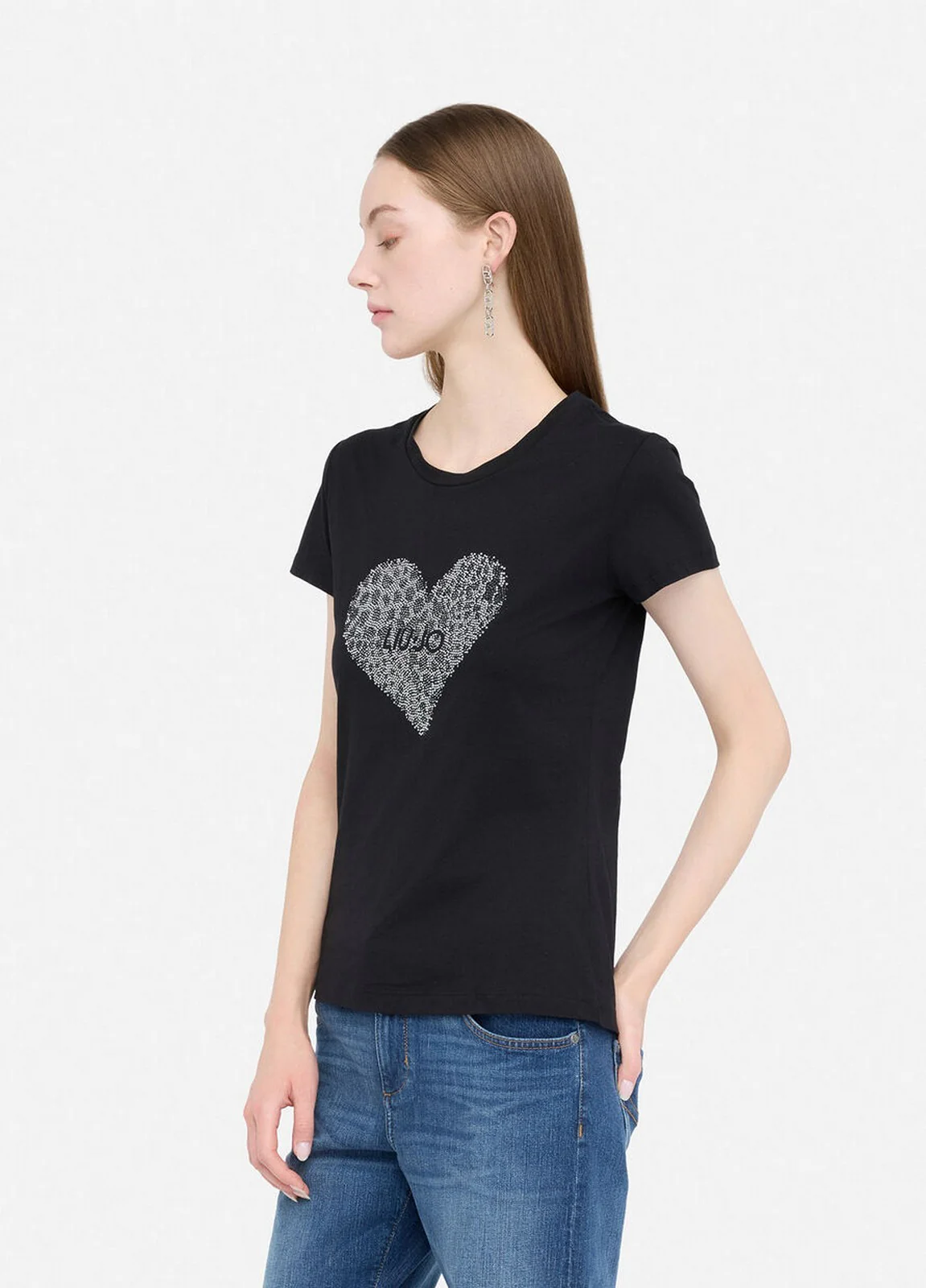 LIU JO BLUE DENIM T-shirt Donna  UF5264JS923 M9938 Nero/heart LiuJo poi - Image 4