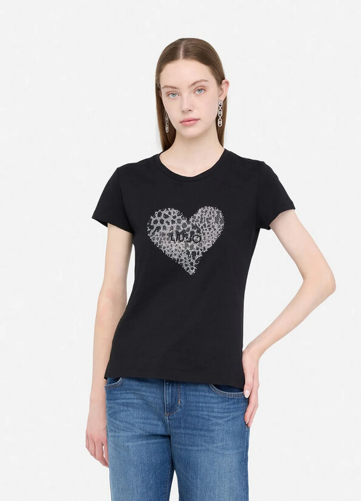 LIU JO BLUE DENIM T-shirt Donna  UF5264JS923 M9938 Nero/heart LiuJo poi - Image 7