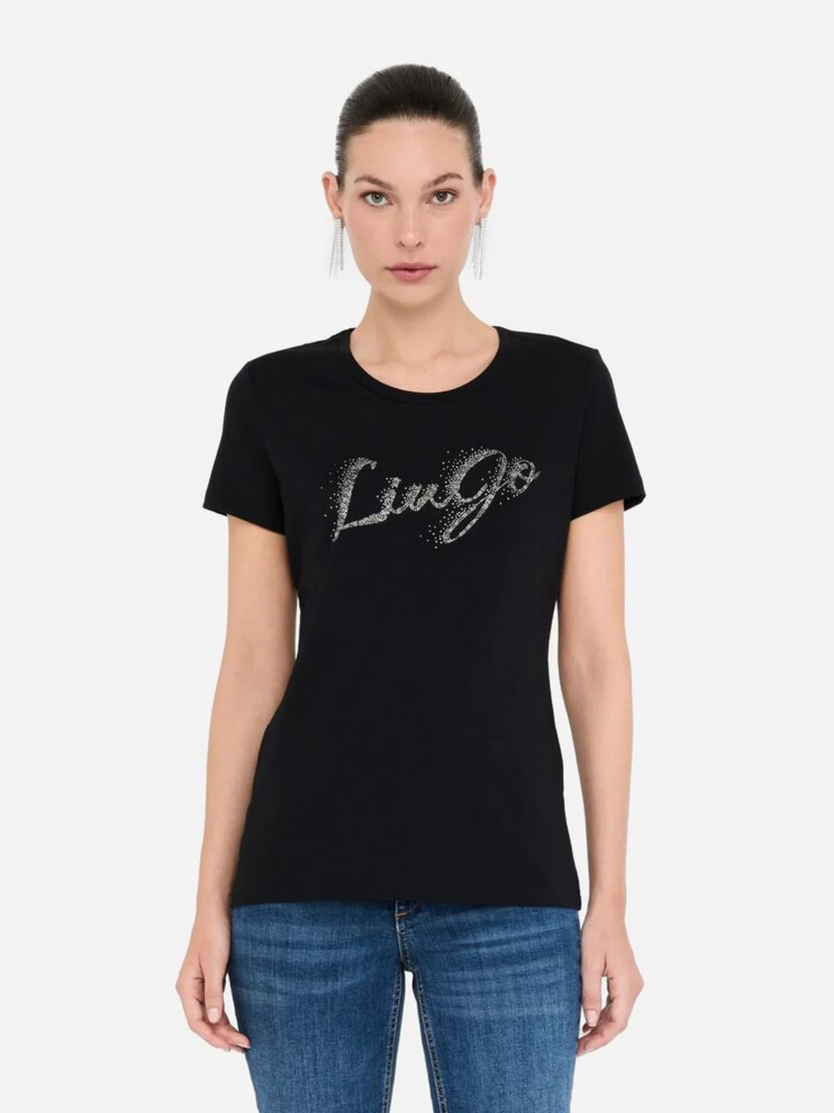 LIU JO BLUE DENIM T-shirt Donna  UF5266JS904 P9004 Nero fad.LiuJo silve - Image 4