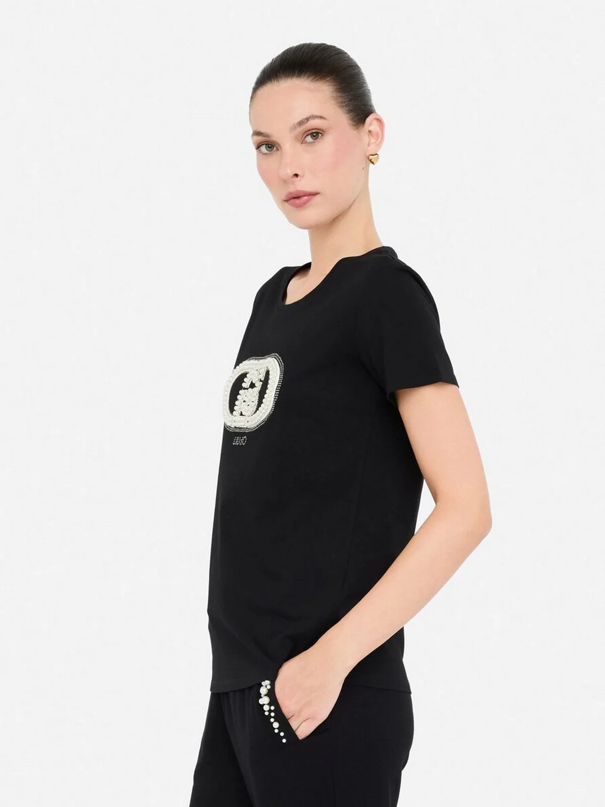 LIU JO SPORT T-shirt Donna TF5280JS923 N9785 Nero/monogram pearl - Image 4