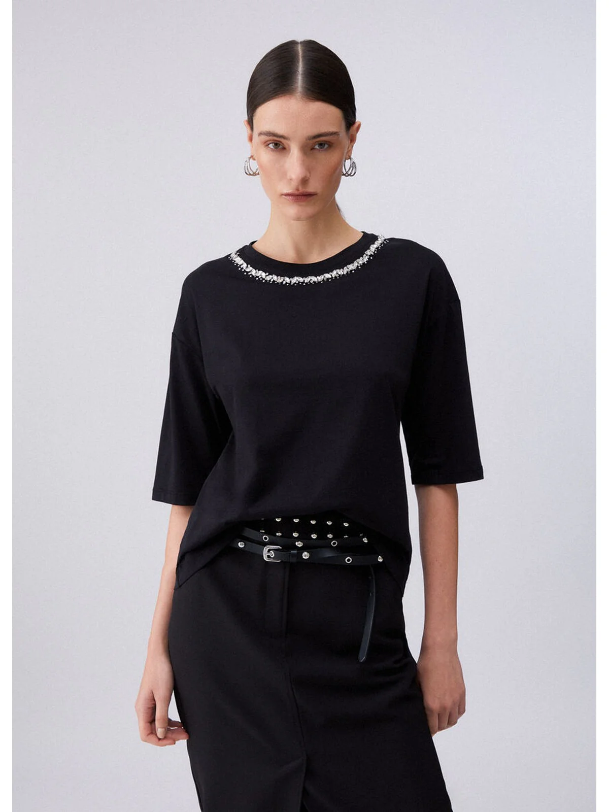 LIU JO WHITE T-shirt Donna  WA6128JS904 P9320 Nero collar motif - Image 4