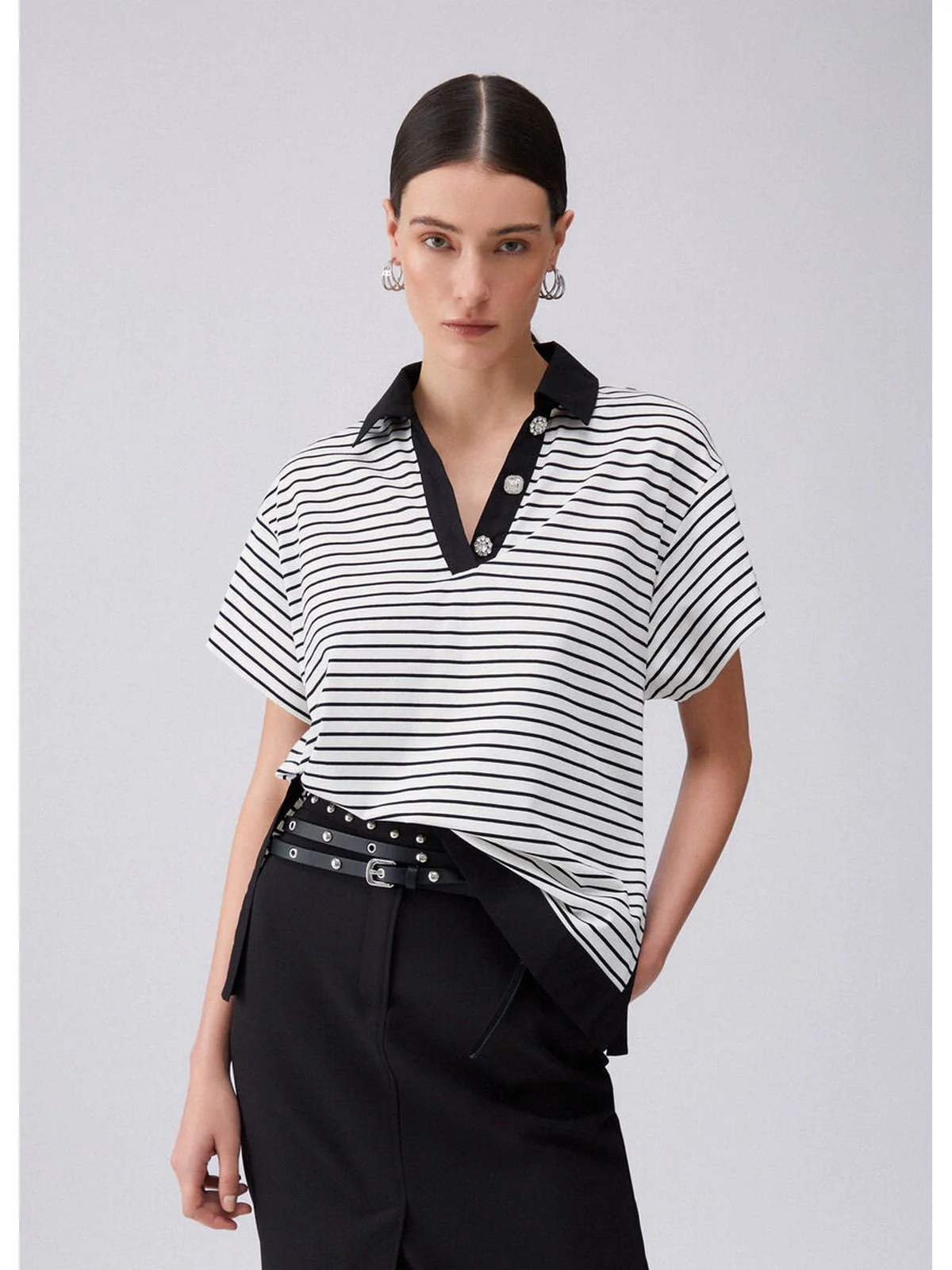 LIU JO WHITE T-shirt Donna  WA6495J4909 P9442 Bl&white strip/black - Image 3