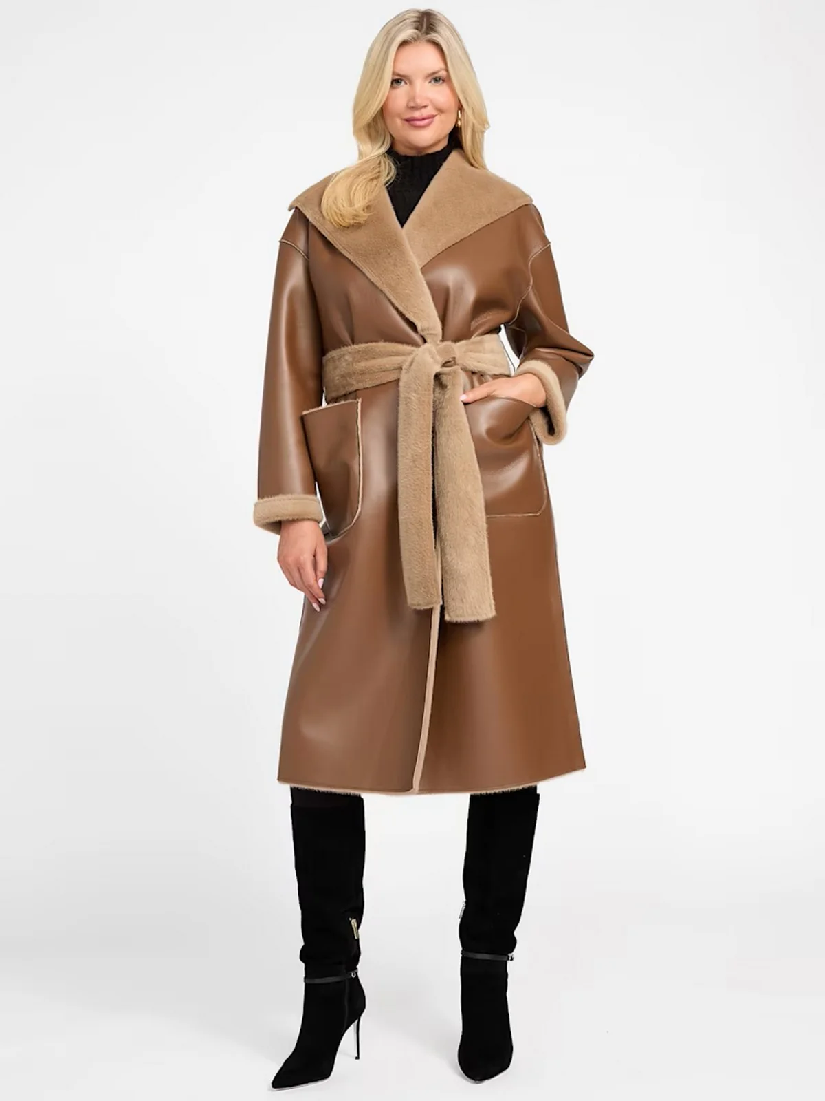 MARCIANO Cappotto Donna INES REVERSIBLE FAUX LTHR COAT 5BGL23 7381A F1AX SILK TAUPE MULTI - Image 8