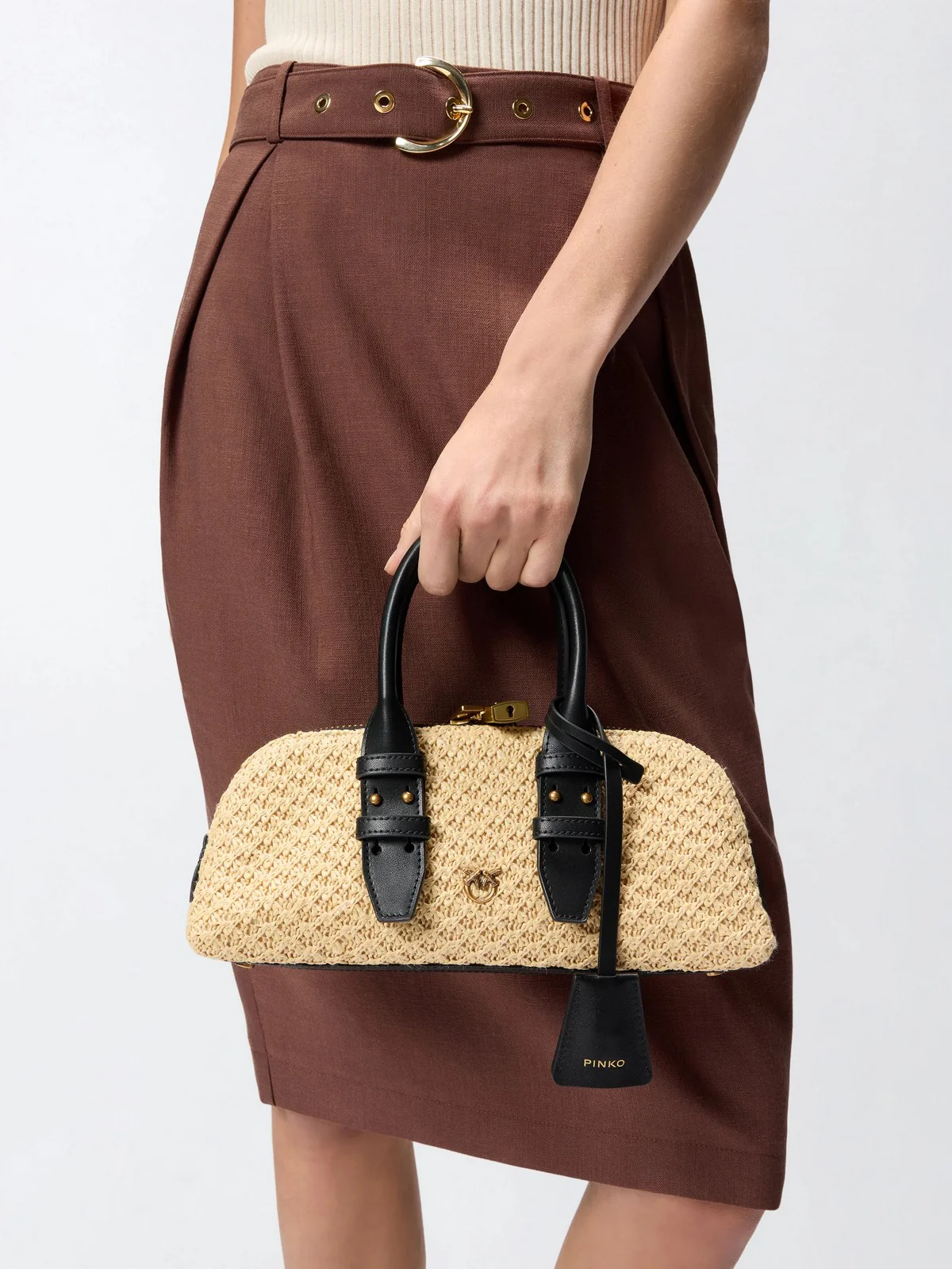 PINKO Borsa Donna BOWLING BAG HORIZONTAL RAFIA + 105334-A1RL C24Q RAFIA/NERO-ANTIQUE GOLD - Image 2