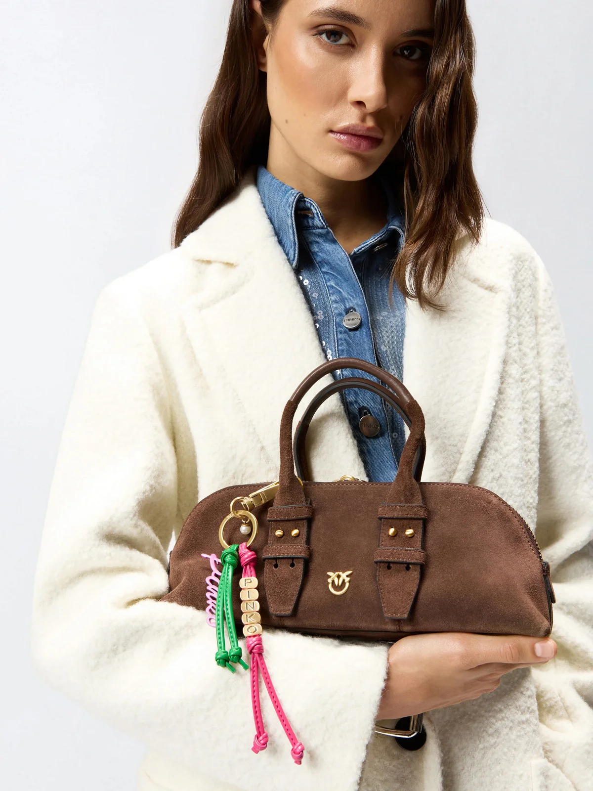 PINKO Borsa Donna BOWLING BAG HORIZONTAL SUEDE 105334-A2JH L74V MARRONE CASTANO MATT GOLD - Image 2