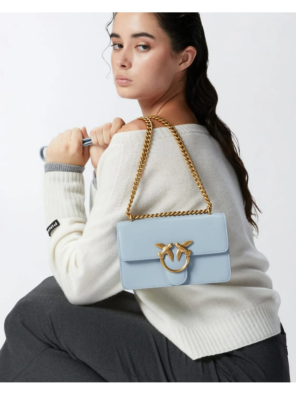 PINKO Borsa Donna Love One Mini Dc Vitello Seta 100074-A0F1 E57Q LIGHT BLUE-ANTIQUE GOLD - Image 2