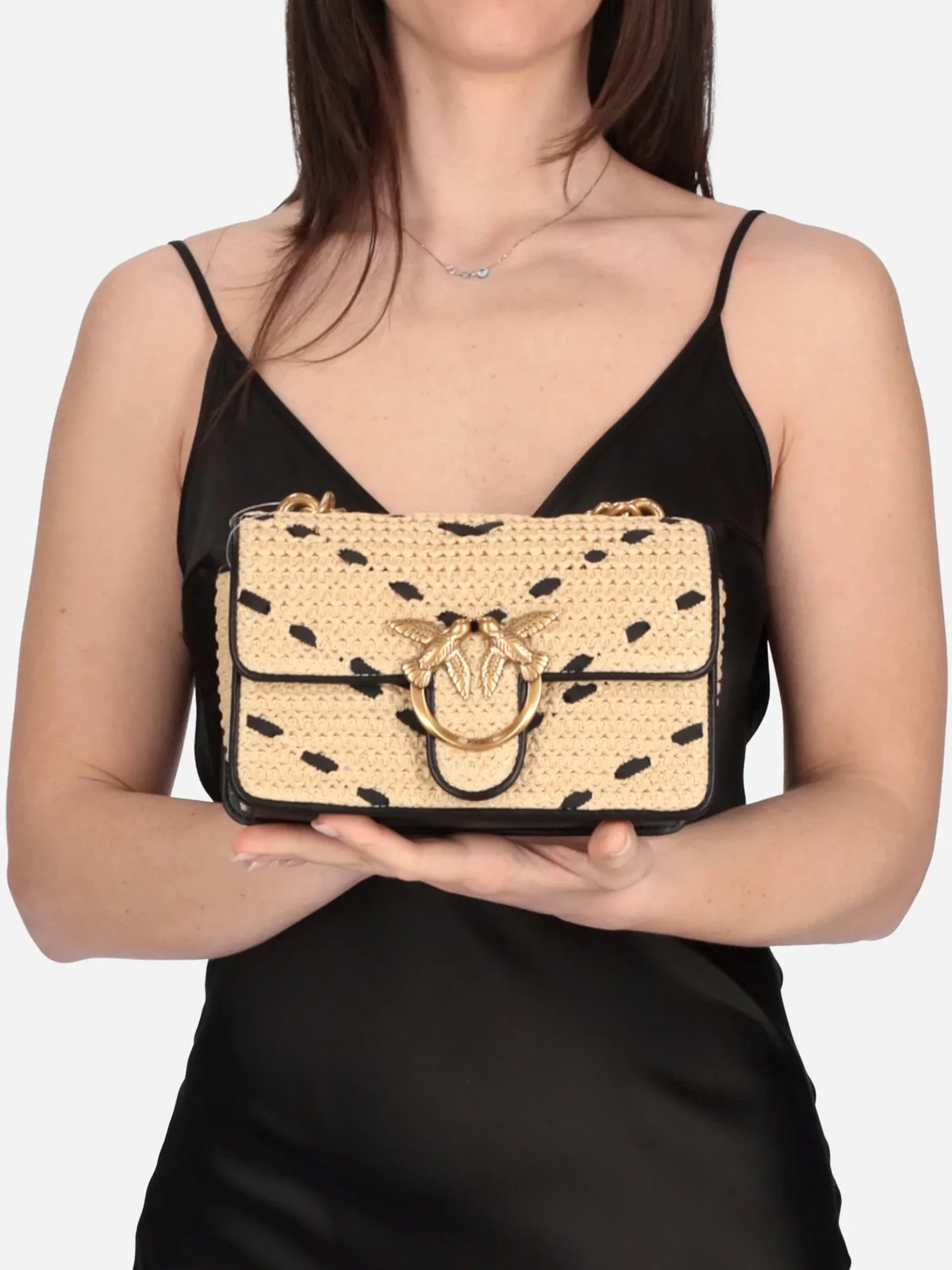 PINKO Borsa Donna LOVE ONE MINI LIGHT DC RAFIA + 104550-A1RL HZ3Q PAGLIA/NERO-ANTIQUE GOLD - Image 2