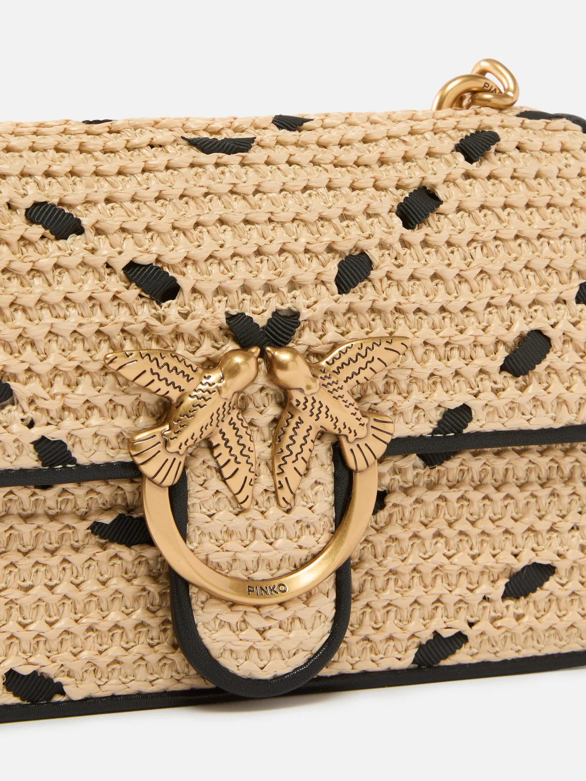 PINKO Borsa Donna LOVE ONE MINI LIGHT DC RAFIA + 104550-A1RL HZ3Q PAGLIA/NERO-ANTIQUE GOLD - Image 4
