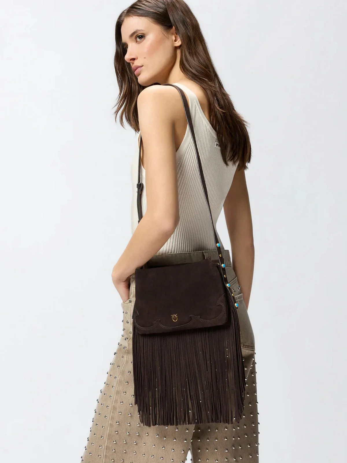 PINKO Borsa Donna TRIPLET MINI FRINGES SUEDE 106665-A0F6 M11P MARRONE CAFFE'-MIX - Image 2