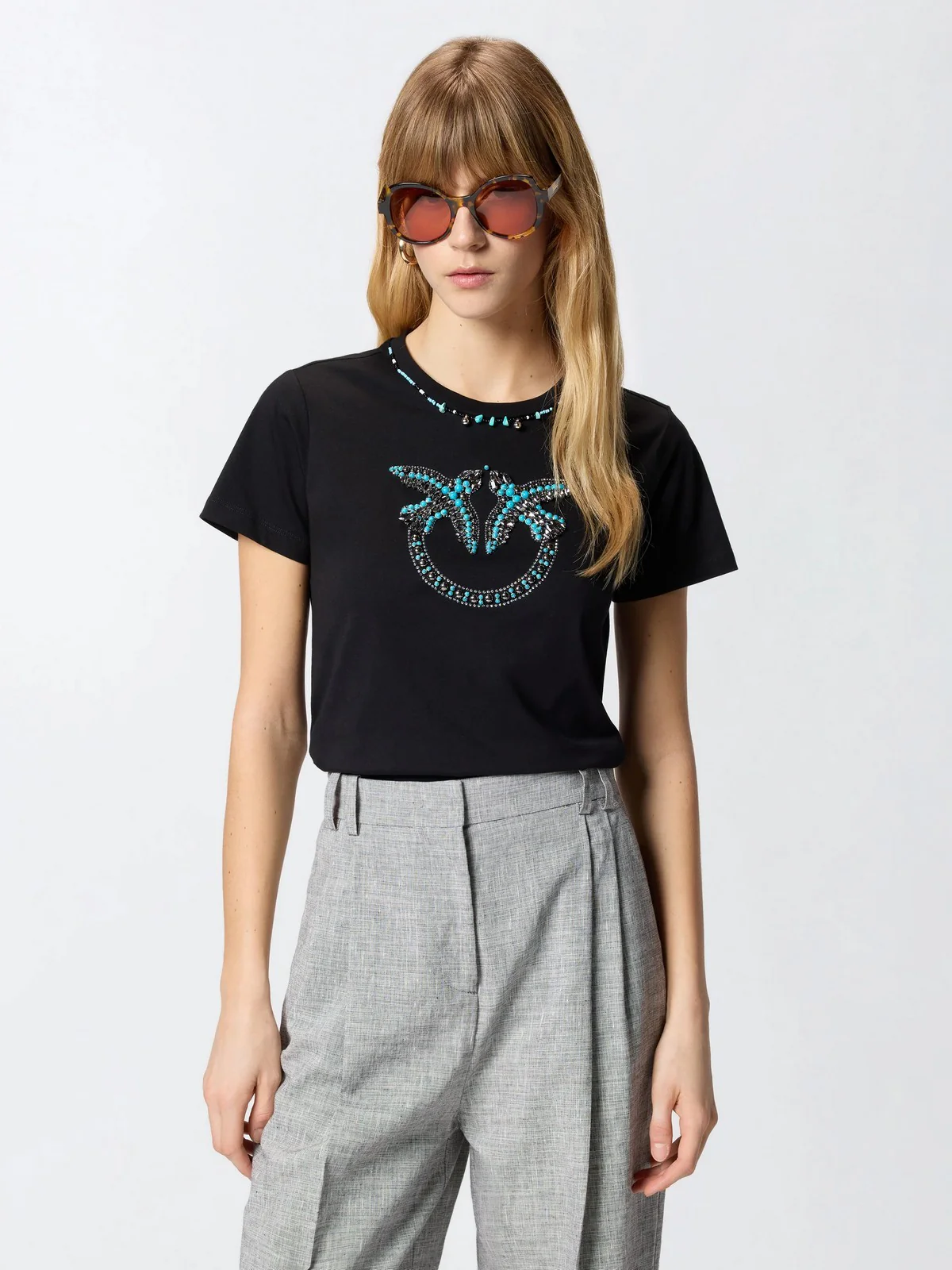 PINKO T-shirt Donna FIDENZA T-SHIRT 107094-A3C7 ZE2 NERO/AZZURRO - Image 2