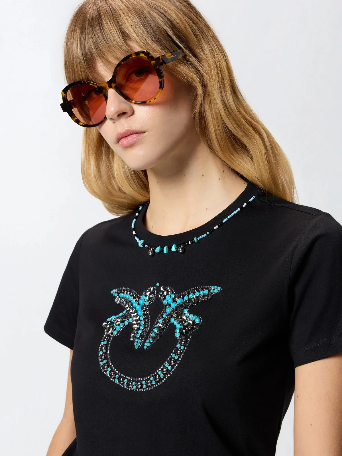 PINKO T-shirt Donna FIDENZA T-SHIRT 107094-A3C7 ZE2 NERO/AZZURRO - Image 3