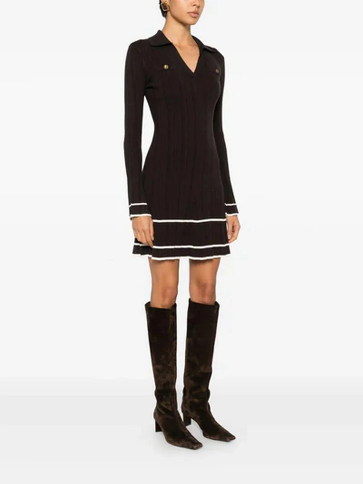 TWINSET Abito Donna VISCOSE STRETCH RIBS DETAILS 252TT3230 12996 BIC.BLACK CHOCOLATE/NEVE - Image 2