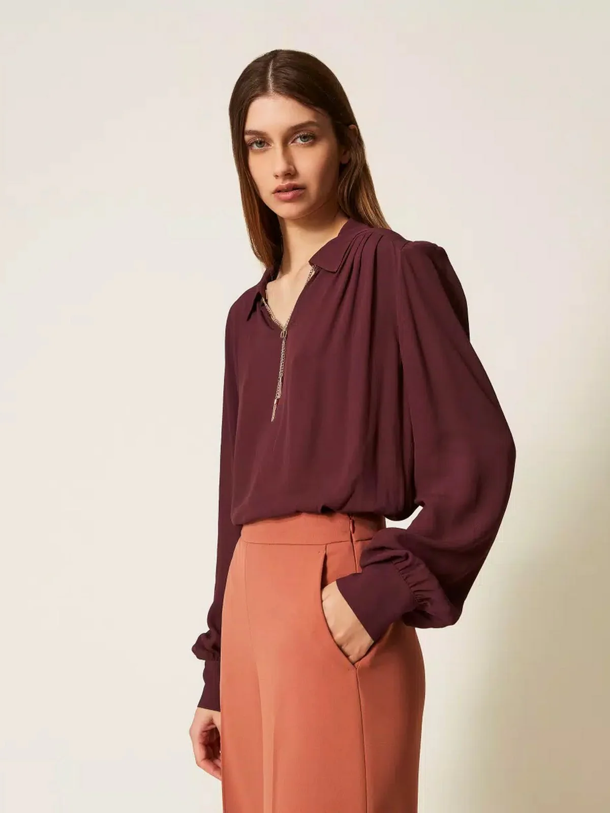 TWINSET Blusa Donna CREPE DE CHINE WITH METAL DETAILS 252TP2291 05609 WINETASTING - Image 4