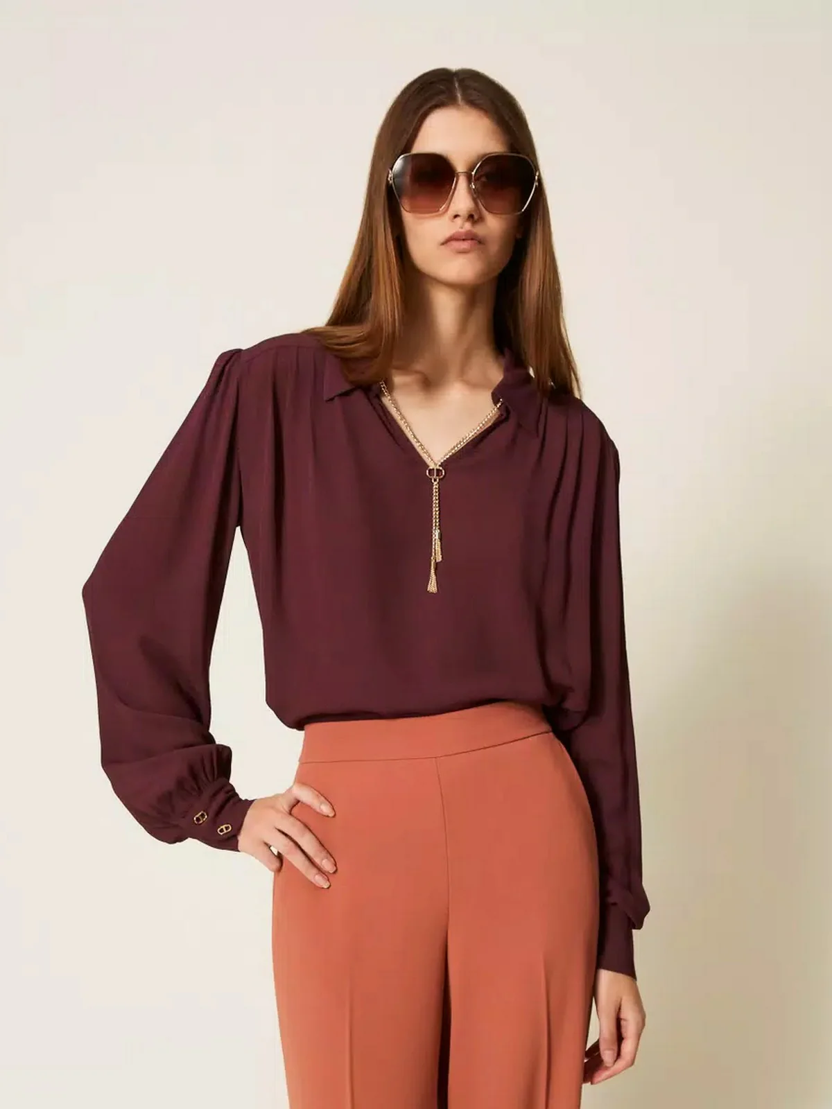 TWINSET Blusa Donna CREPE DE CHINE WITH METAL DETAILS 252TP2291 05609 WINETASTING - Image 5