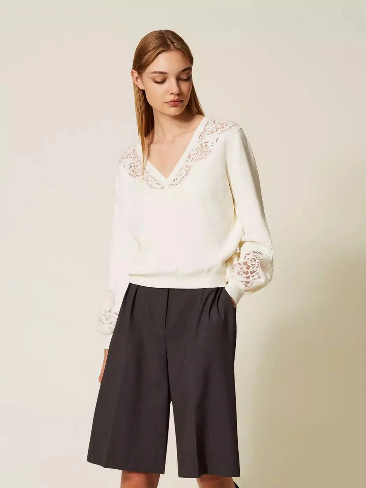 TWINSET Maglione Donna MIX VISCOSE & MESH EMBROIDERED INTARSIA 252TT3440 00282 NEVE - Image 5
